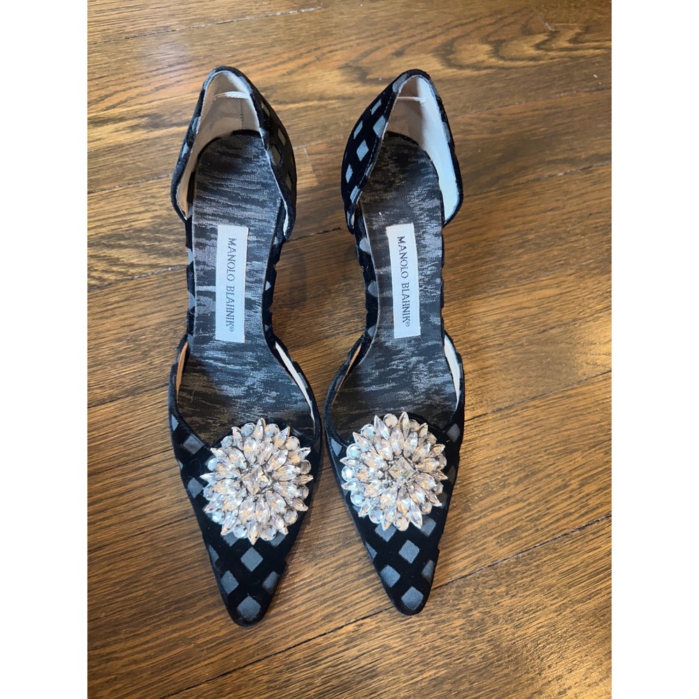 Manolo Blahnik Black Velvet Burnout Crystal Brooch d'Orsay Pumps Heels Size 36